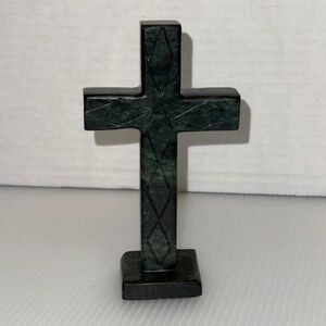 Free Standing Green Marble Stone Cross with Etched Design Religious Statue 5.25"